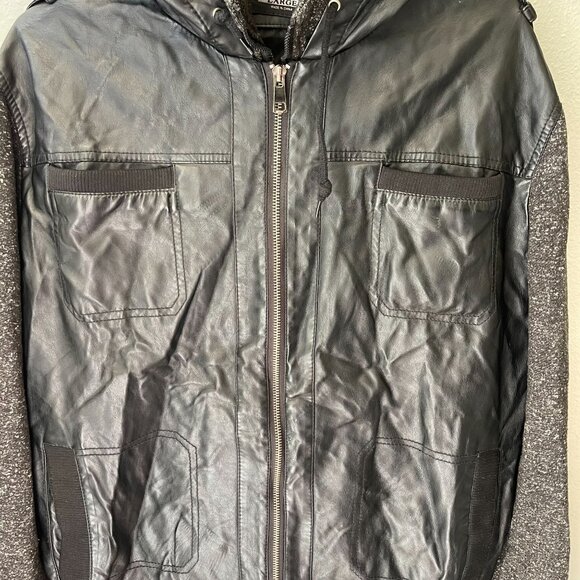 PD&C Mens Large Black Vegan Leather Jacket W/ Removable Hood & Knit Sleeves - Picture 8 of 16